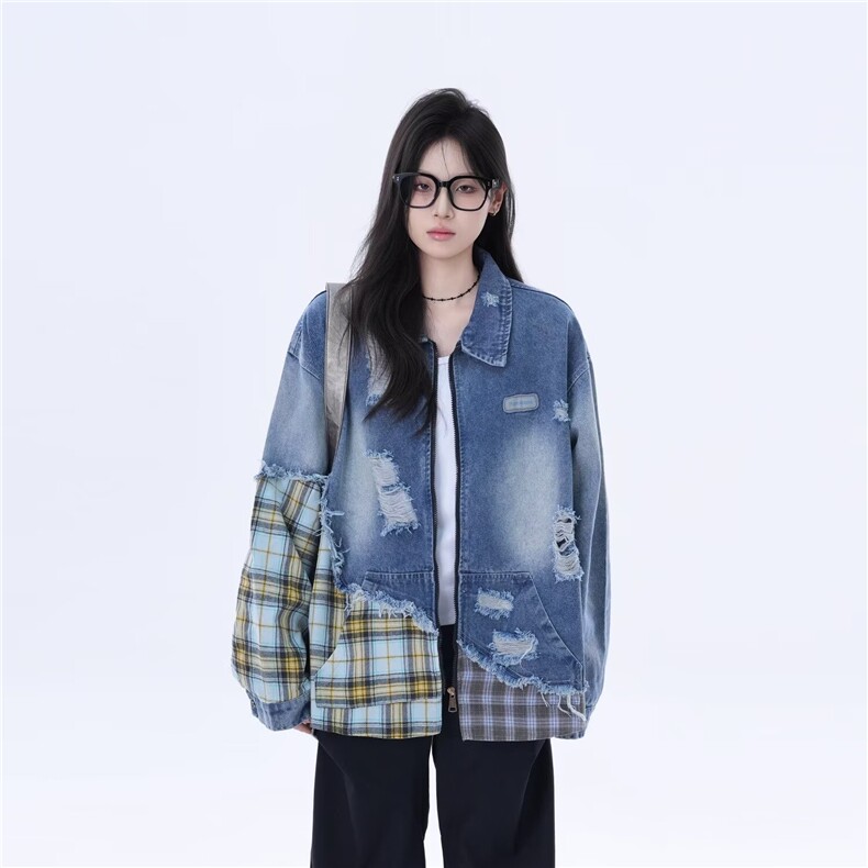 2582-P70美式水洗擦色慵懒感洗水牛仔外套春秋女复古宽松破洞,男装工装外套,电商B323A
