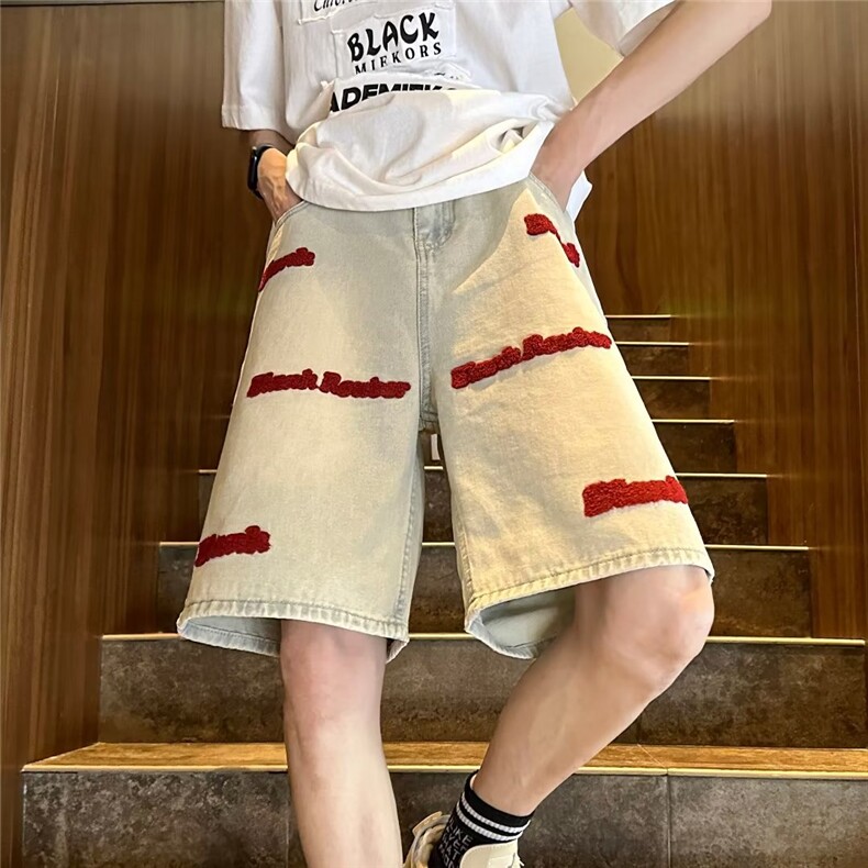 刺绣牛仔短裤男款夏季美式高街水洗五分裤潮牌欧美设计感小众裤子图片
