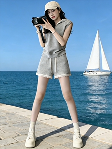 欧系潮牌时尚休闲套装女夏新款洋气减龄蕾丝连帽短袖短裤显瘦套装图片