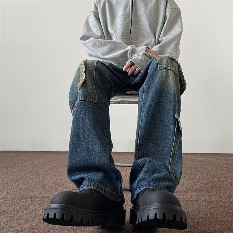 美式高街工装多口袋牛仔裤男女宽松直筒做旧复古休闲阔腿长裤子潮,男装牛仔裤,星座506A