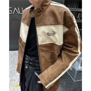 JK8547-P73 撞色拼接皮衣外套男春秋季vintage美式夹克高级感图片