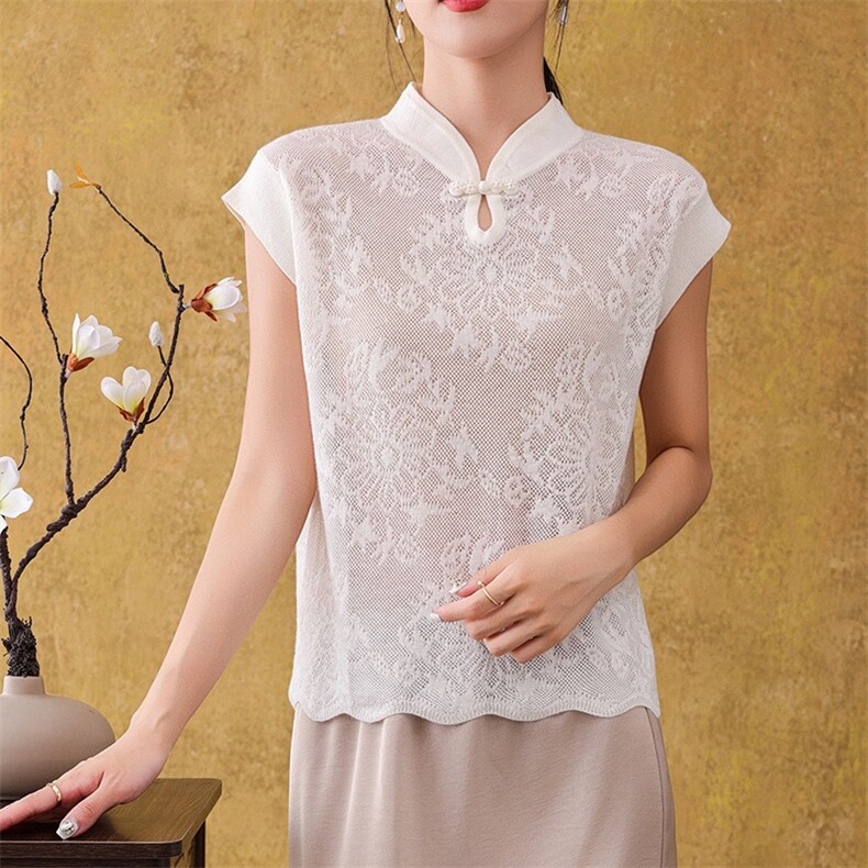 2025年夏季一个扣旗袍领时尚百搭背心，女装T恤，森墨