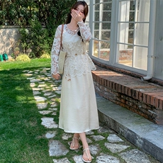 法式缕空吊带连衣裙女2025春夏新款高级感气质宽松显瘦长裙两件套，女装套装/套裙，心心服饰