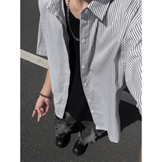B221美式ins高街宽松薄款条纹短袖衬衫SY2552-特P28控49，男装T恤，电商B221