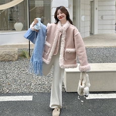 蓝色减龄皮毛一体羊羔毛外套女2025冬新款韩系甜美小个子加厚棉服，女装毛呢外套，2B190
