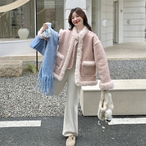 蓝色减龄皮毛一体羊羔毛外套女2025冬新款韩系甜美小个子加厚棉服图片