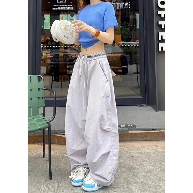 时尚撞色格子腰头刺绣字母抽绳阔腿裤女夏季宽松显瘦直筒休闲长裤,男装休闲裤,星座1210-1