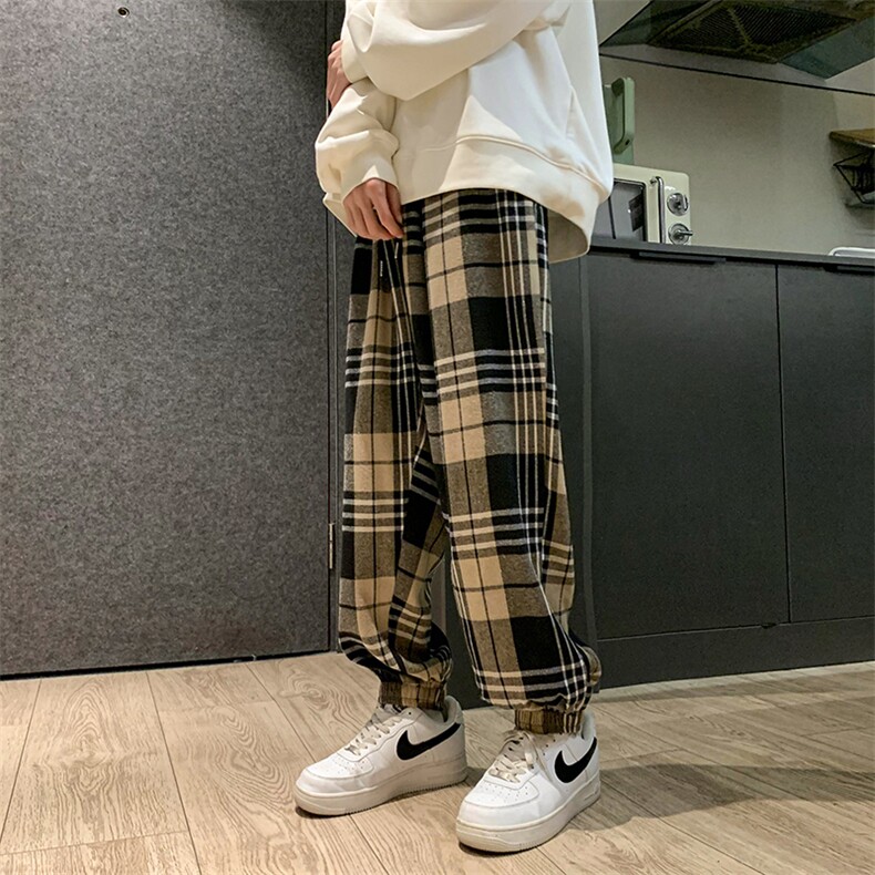 D321-1-DM184-P45男装新款港风宽松休闲束脚格子运动裤图片