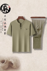 主推男风中老年亚麻休闲宽松T恤套装中年棉麻短袖T恤套装，男装T恤，钱塘723