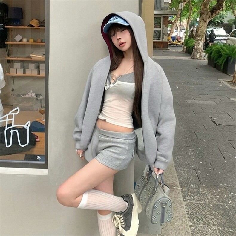 抖音得物高品质秋冬美式高街重磅结构双层双面连帽卫衣外套XS107,女装短外套,电商A486-1
