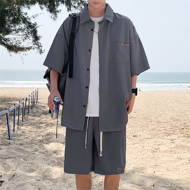 特批P50无差价夏宽松短袖衬衫短裤垂坠感薄款潮流时尚套装男TZ053，男装休闲套装，电商A001-1