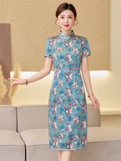 杭州品质真丝长裙复古印花连衣裙女春夏日常修身潮流真丝旗袍，女装汉服/婚纱/旗袍/礼服，小荷流