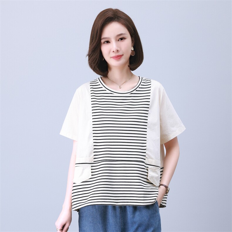 时尚宽松拼接条纹短袖T恤女夏季新款韩版百搭显瘦休闲上衣,女装衬衫,叶笙衣