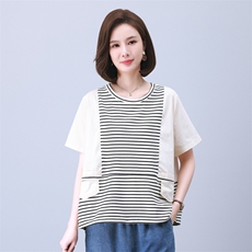时尚宽松拼接条纹短袖T恤女夏季新款韩版百搭显瘦休闲上衣，女装衬衫，叶笙衣