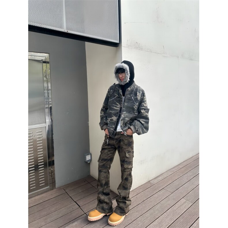 美式vibe高街迷彩多口袋修身工装裤嘻哈微喇裤男女K83096-P53网图,男装工装外套,电商B245
