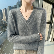宽松加厚显瘦V领貂绒衫花纱女毛衣2025新款秋冬打底针织羊毛衫，女装针织衫/毛衣，冬贝尔貂绒