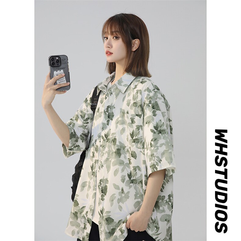 新款中性风风宽松旅游男女情侣短袖花衬衫225-2-CS803-P38，女装衬衫，星座225-2