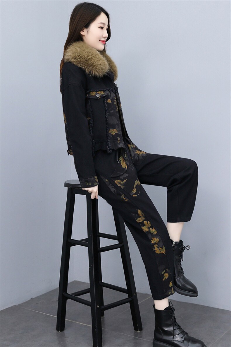 2021冬季新款加厚保暖复合毛绒牛仔印花两件套显气质款0998,女装套装/套裙,欣品汇