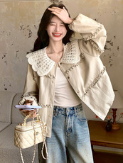 2026新款牛奶PU皮娃娃领百搭时尚外套，女装短外套，纯色衣恋