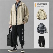 男士休闲套装2021新款青少年韩版搭配牛仔夹克三件套DF150T，男装夹克，电商A102