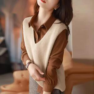 叠穿V领针织衫马甲背心女秋季时尚纯色外搭宽松无袖毛衣坎肩上衣图片