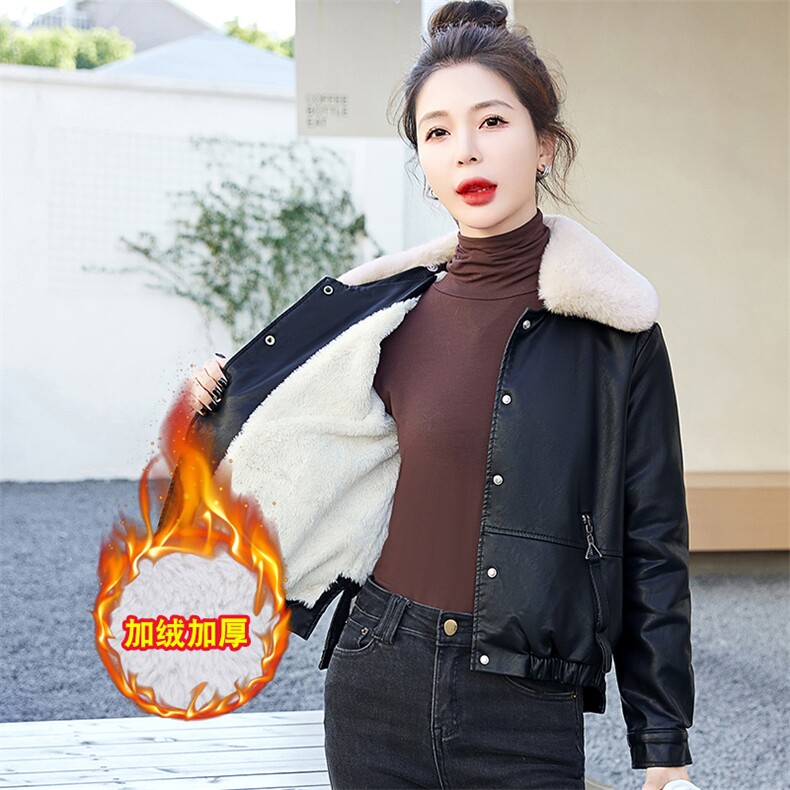 2024冬季现货加绒时尚舒适保暖皮衣外套（毛领可脱卸），女装皮衣，臻衣坊