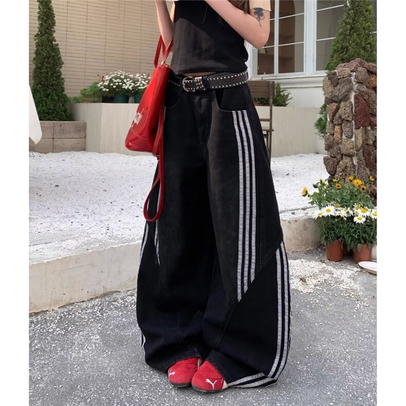 美式复古水洗解构弯刀牛仔裤女设计感三条杠拼接阔腿裤LNZ399-P55,男装牛仔裤,星座1008