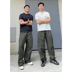 美式复古拼接褶皱伞兵工装裤男春夏季百搭宽松直筒休闲裤，男装牛仔裤，四季星座505