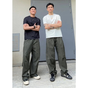 美式复古拼接褶皱伞兵工装裤男春夏季百搭宽松直筒休闲裤图片