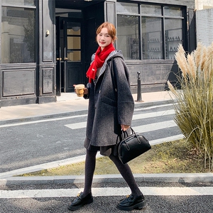 拼接格纹连帽双面呢羊毛大衣2025新款女冬超好看中长款毛呢厚外套图片