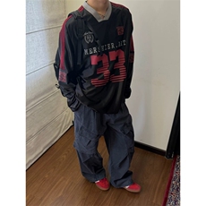 2025时尚美式复古泽西风V领拼接长袖T恤男女夏季宽松运动透气球衣，男装T恤，星座506A