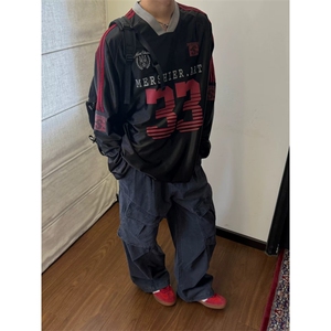 2025时尚美式复古泽西风V领拼接长袖T恤男女夏季宽松运动透气球衣图片