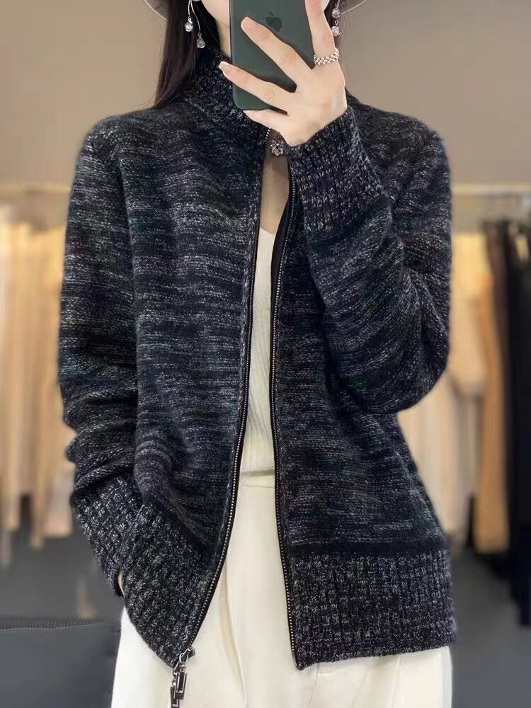 25秋冬100%纯羊毛双拉链开衫女半高领宽松慵懒羊绒衫针织毛衣外套,女装羊毛衫,佑昭祥羊绒