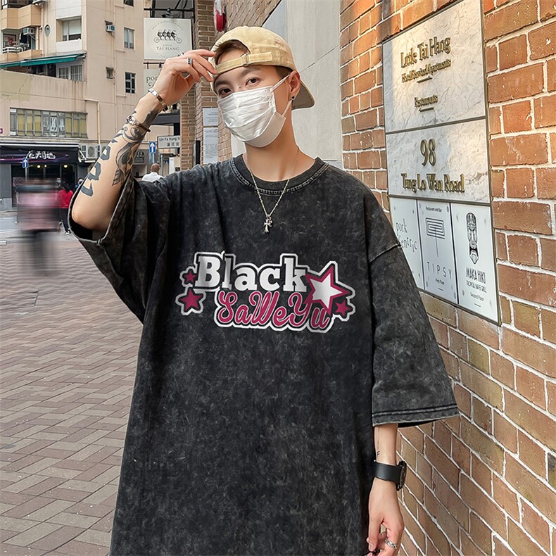 B239-1115-P38五角星字母印花复古水洗做旧落肩袖短袖T恤美式,男装T恤,星座514-2(原B239)
