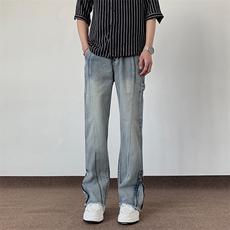 高街vibe拉链线条设计牛仔裤子复古设计感直筒宽松工装裤C28/p58，男装牛仔裤，电商B381-1