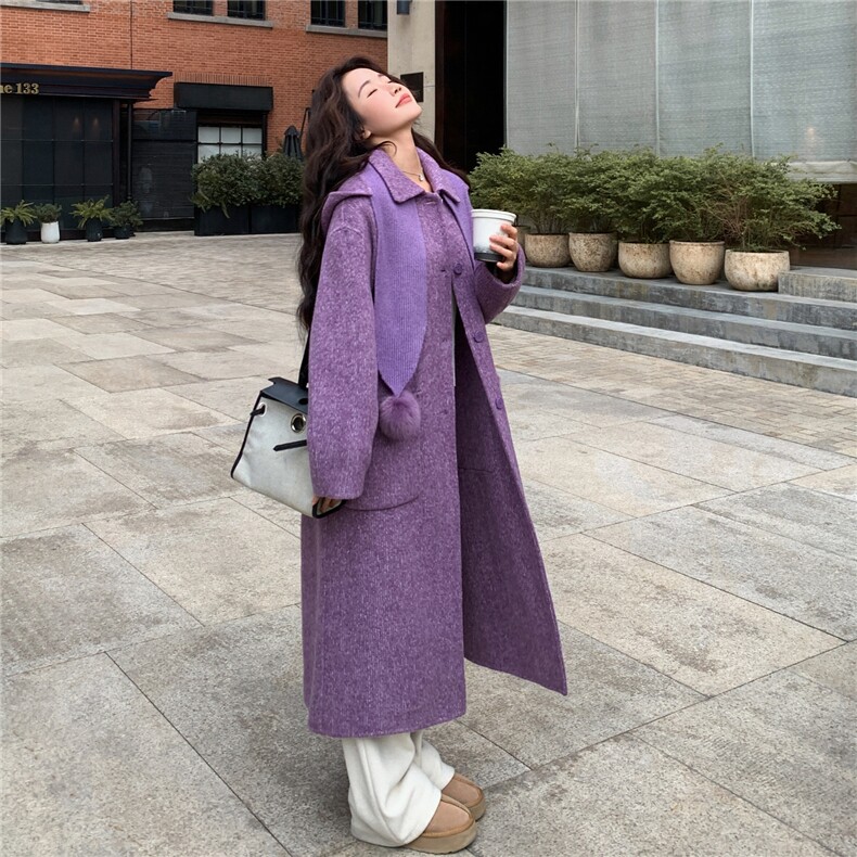 紫色双面羊绒大衣女2025冬季新款韩系超好看高级感围巾款毛呢外套,女装羊绒大衣,2C056