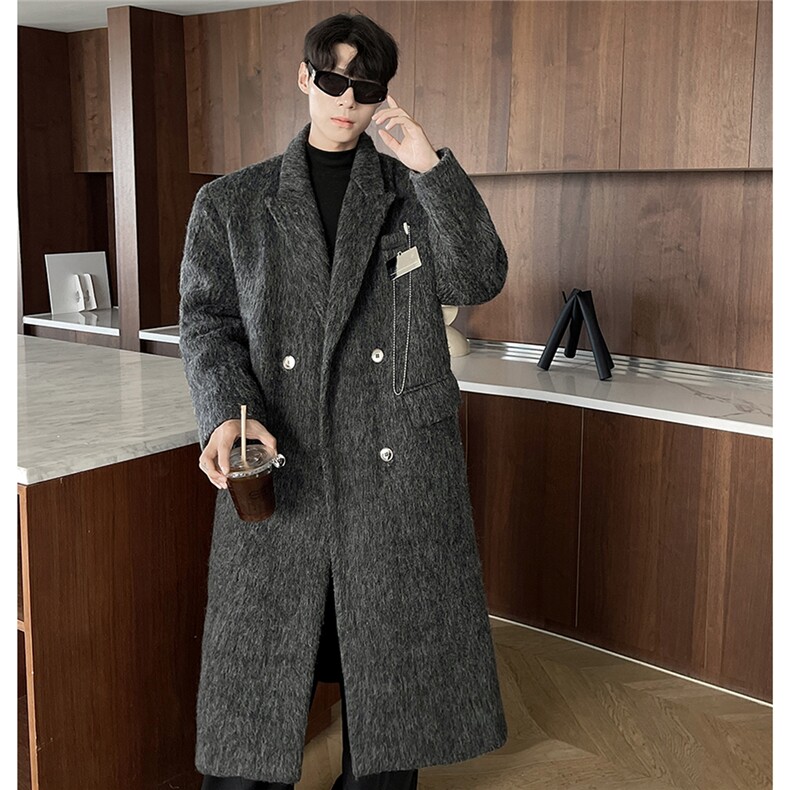 港风长毛马海毛财阀灰金属装饰西装领加厚羊毛大衣77936P210控298，男装毛呢大衣，星座226-1