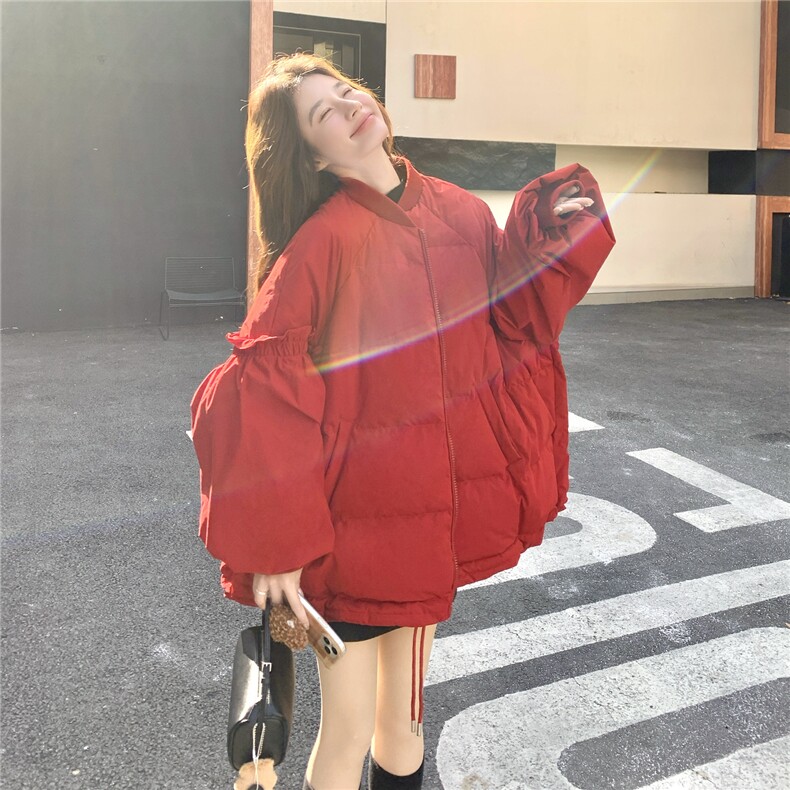 新年红色花边棒球羽绒服女2025新款韩版加厚宽松休闲90白鸭绒外套,女装羽绒服,维壹