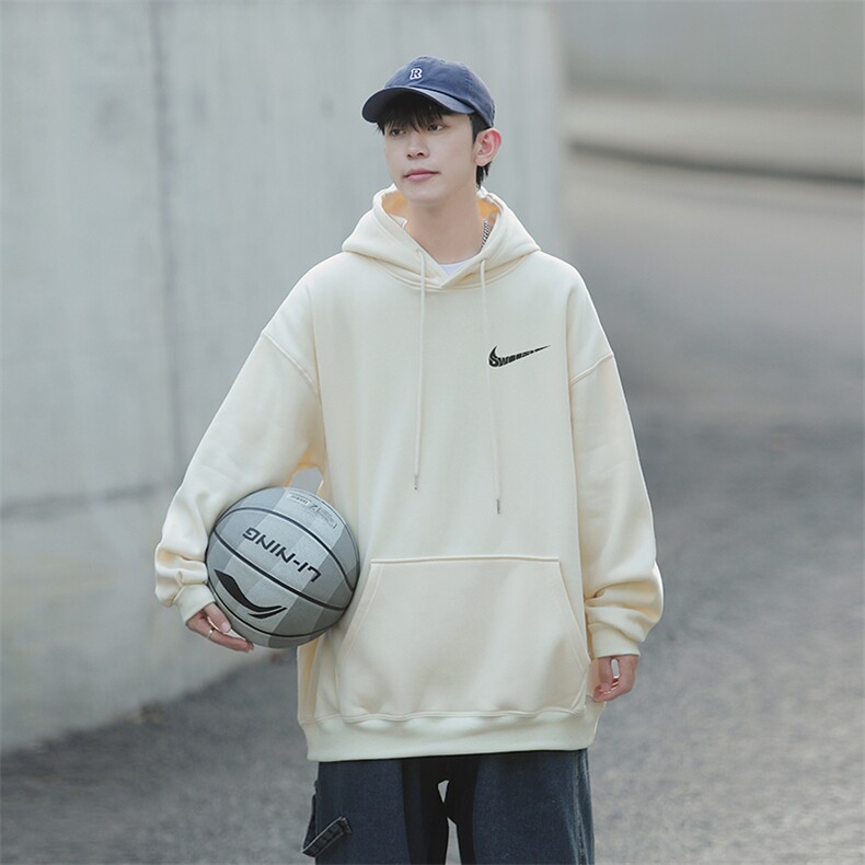 2024新款宽松对勾连帽卫衣Y015常规版P48加绒版P65杏色，男装卫衣，电商B219