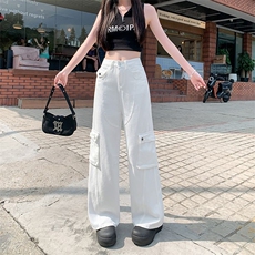 AK2335-A60设计感小众白色牛仔工装裤女夏季美式高街宽松阔腿裤子，女装休闲裤，星座617A-2