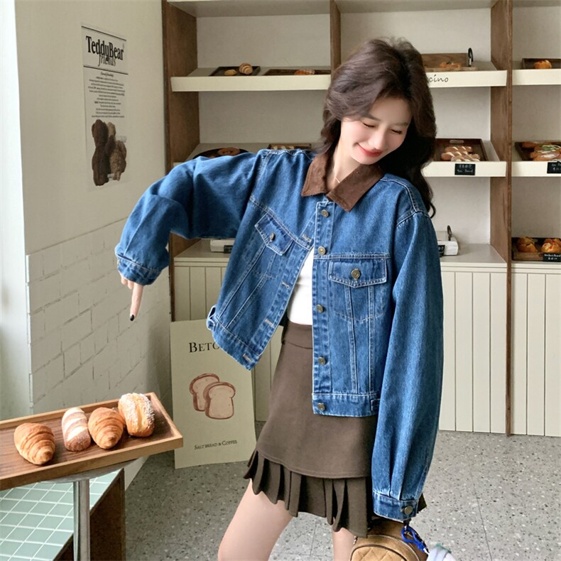 复古水洗牛仔短款外套女2026年春季新款撞色小个子翻领夹克上衣,女装短外套,2D076