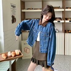 复古水洗牛仔短款外套女2026年春季新款撞色小个子翻领夹克上衣，女装短外套，2D076