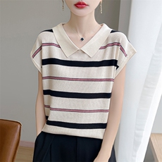 夏季新款莱赛尔天丝polo领宽条纹短袖女宽松百搭显瘦时尚休闲上衣，女装针织衫/毛衣，暖娇绒