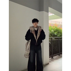 美式cleanfit毛茸茸座山雕连帽夹克棉服男女冬季加厚短款工装外套，男装夹克，四季星座505