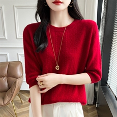 春装洋气显瘦羊毛衫女圆领短袖毛衣上衣内搭针织打底衫T恤1，女装羊毛衫，哲奥羊绒