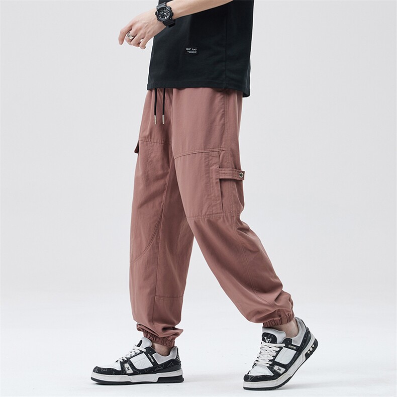 多巴胺砂红色工装休闲裤男2025春夏松紧腰抽绳束脚裤DY5021-P75图片