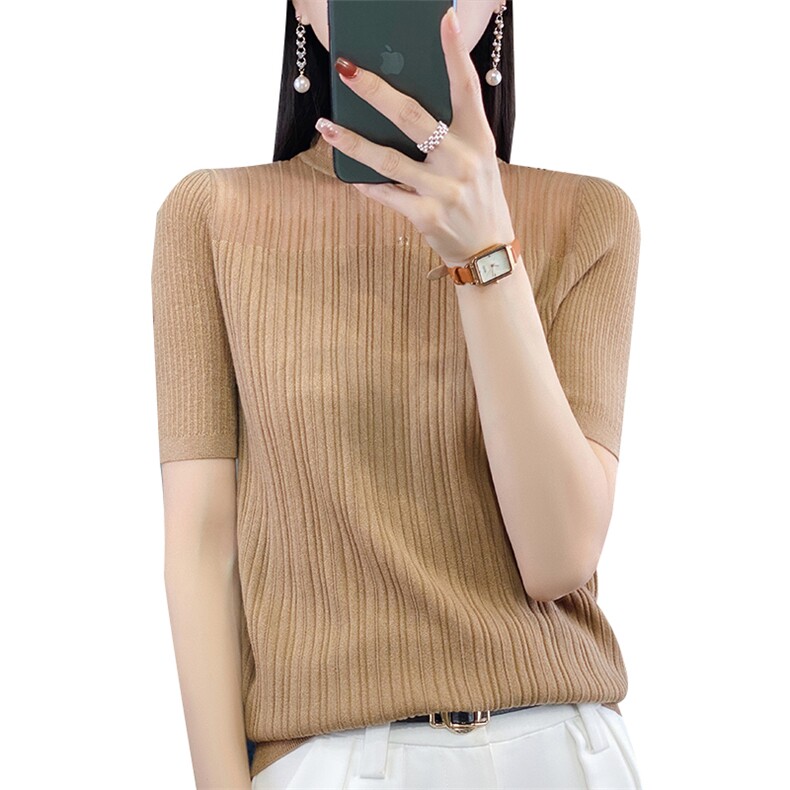 圆领精纺超细羊毛针织短袖女薄款宽松拼接镂空上衣木耳边T恤打底,女装T恤,朝思羊绒