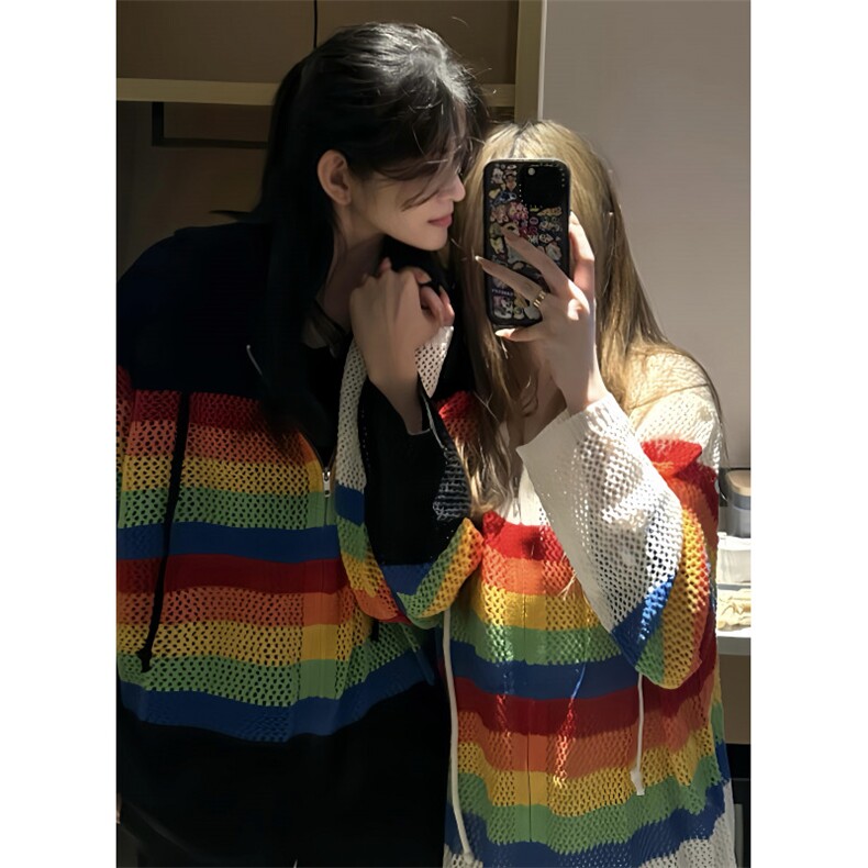 【有货】彩虹镂空连帽针织开衫男女罩衫情侣衬衫外套2401CC-特P48,男装衬衫,星座1007（原301D）