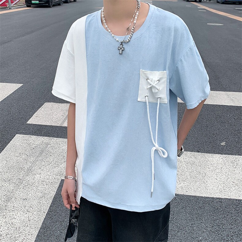 新款夏季男潮流宽松休闲潮牌学生短袖T恤上衣圆领拼接五分袖半,男装T恤,星座410-7
