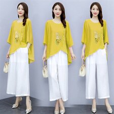 2021夏季新款简约气质圆领时尚图案刺绣宽松休闲舒适棉麻两件套，女装套装/套裙，众宇琦